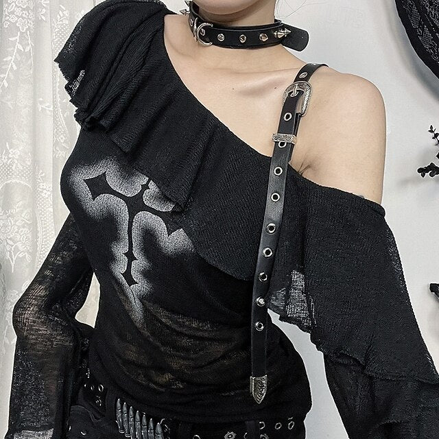 Punk & Gothic Sheer Knit Top Goth Girl Off Shoulder Cross