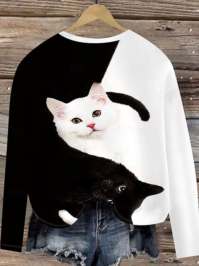 Women's T shirt Long Sleeve Graphic Animal Cat Vintage