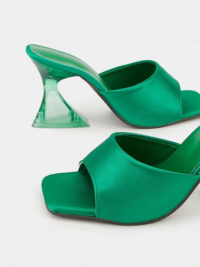 Green for Heels with Block Satin Mules Transparent Open-Toe