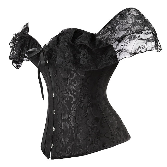 Women Floral Lace Off Shoulder Overbust Corset Bustier Boned