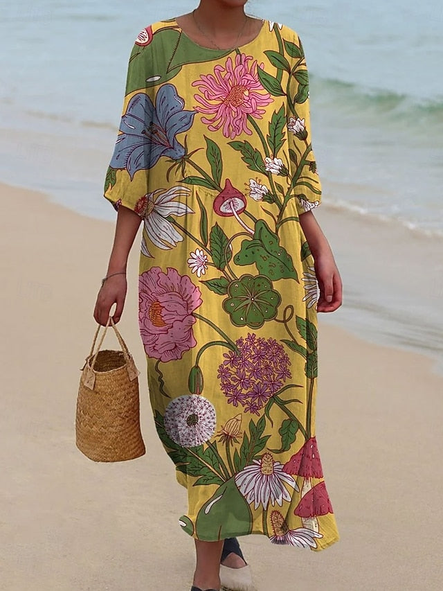 Women's Maxi Dress Kaftan 3/4 Length Sleeve Crew Neck