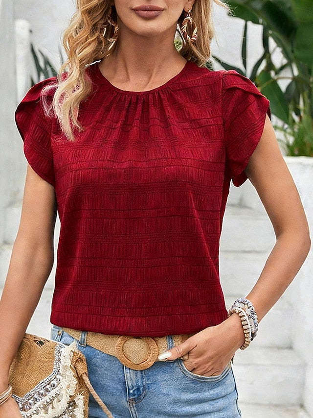Women's Blouse Solid Color Stylish Casual Short Sleeve Crew