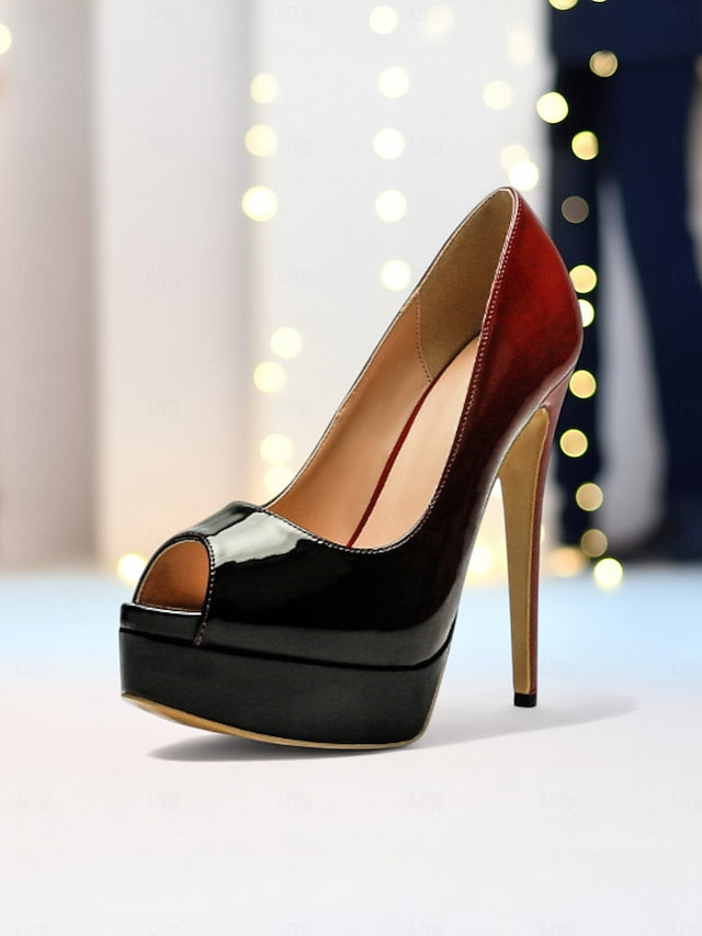Patent Black Peep Platform Women's High Toe Heels Leather