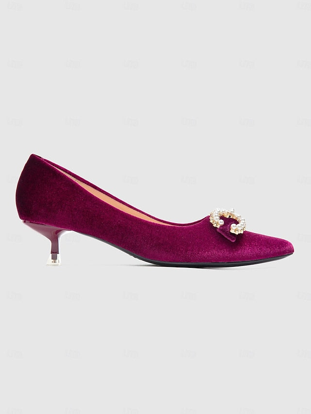 - Pumps Heel Women's Kitten with Bow Pearl Burgundy Velvet
