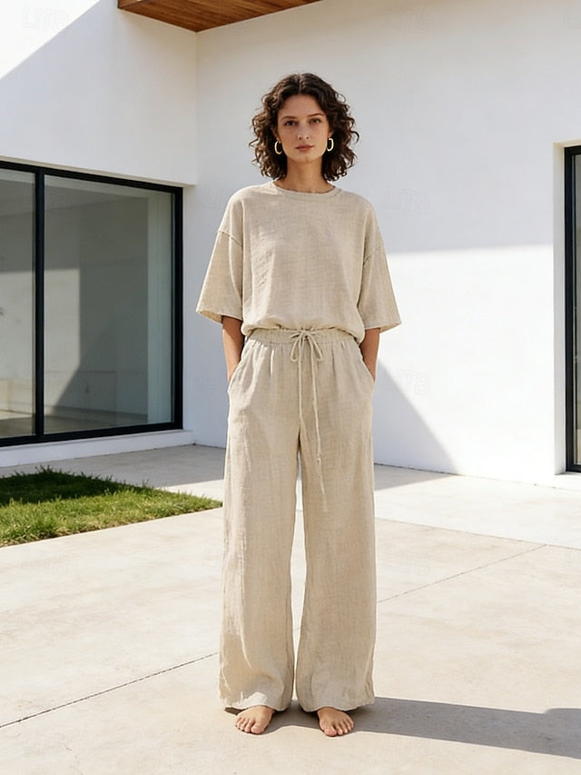 15% Linen Women's Pants Sets Linen Sets Basic Pure Color