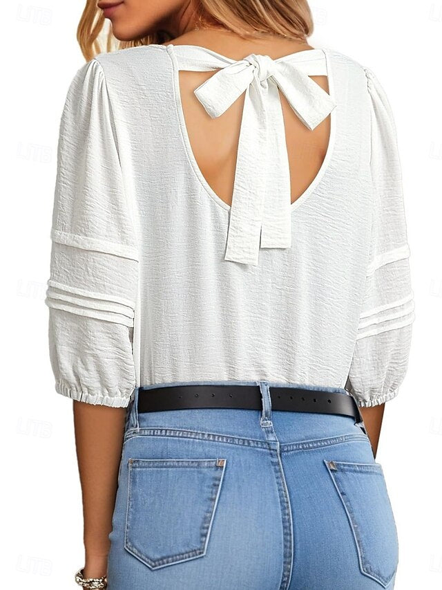 Women's Blouse Solid Color Stylish Casual 3/4 Length Sleeve