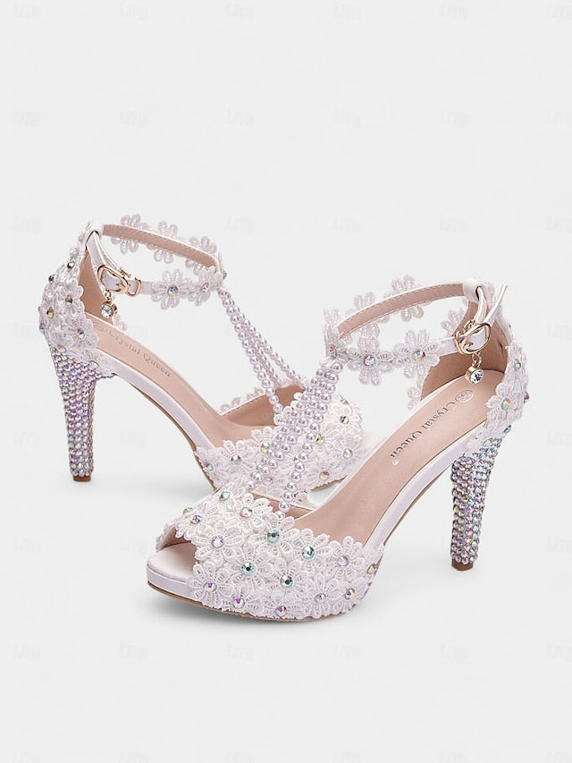 T-Strap Lace Floral Pearl-Decorated Sandals White - Bridal