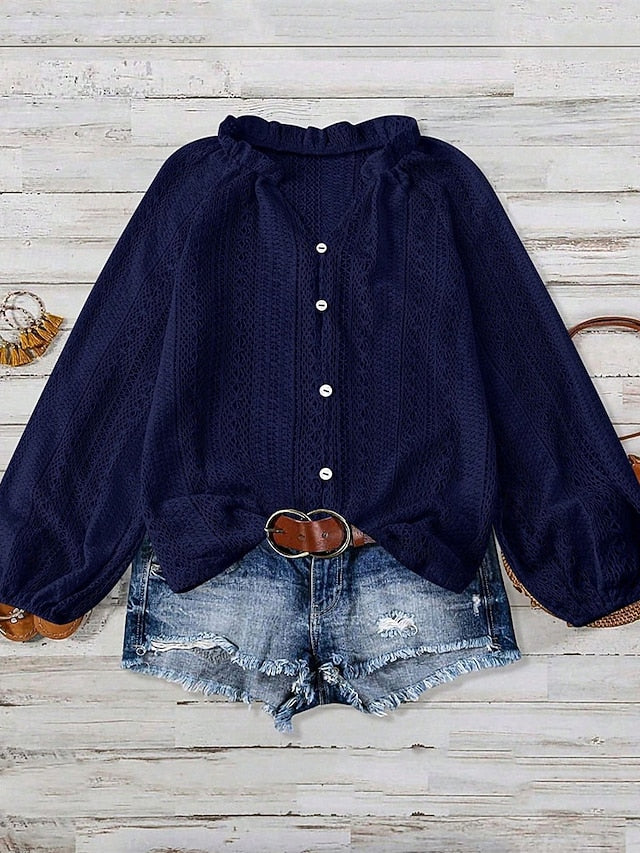 Women's Shirt Dressy Tops Hollow Out Buttons Plain Elegant