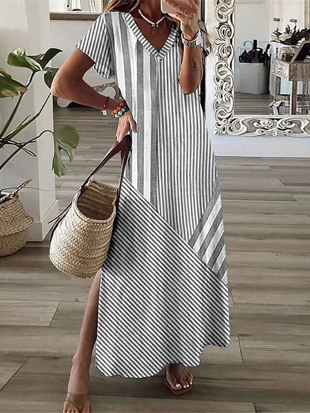 Women's Stripe V Neck Maxi Dress Short Sleeve Summer