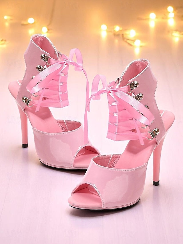 - Lace-Up Sexy Cutout Patent Women's Stiletto Sandals Black