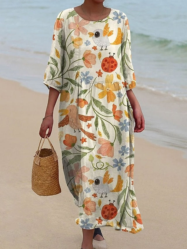 Women's Maxi Dress Kaftan 3/4 Length Sleeve Crew Neck