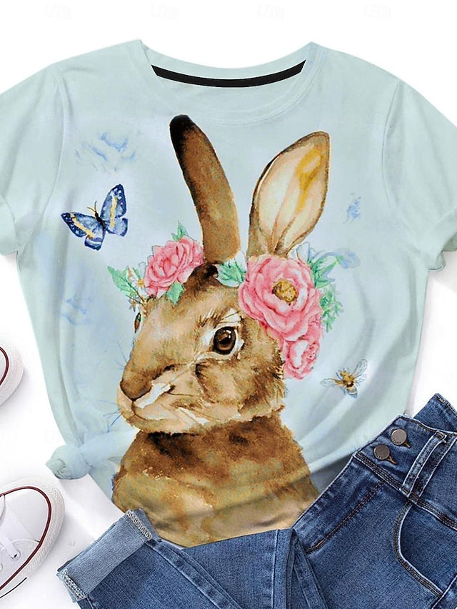 Women's Bunny Rose Crown T-shirt Blue Floral Crew Neck