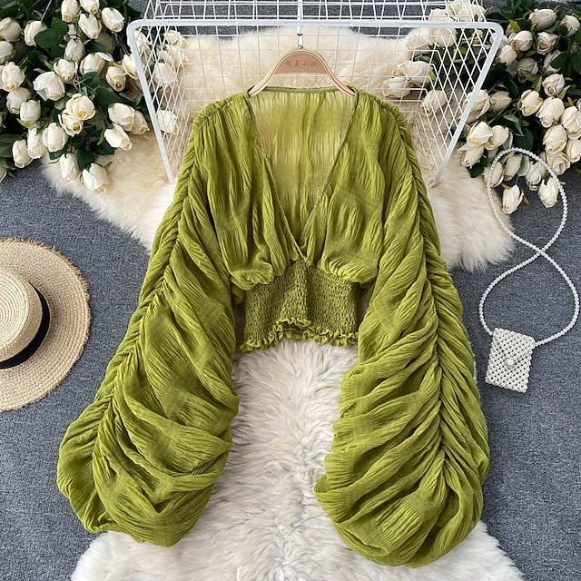 Women's Blouse Chiffon Tops Ruched Plain Stylish Long