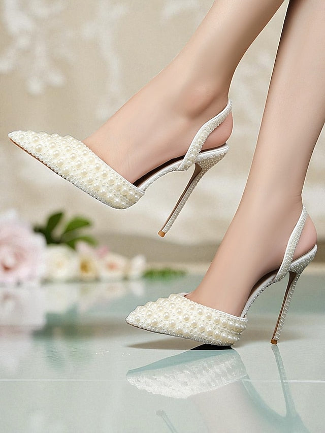 Women's Leather - Heels Pearl-Embellished Slingback White