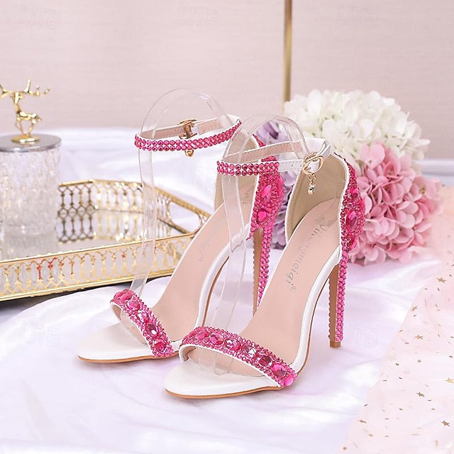 Heels Green Matching Women's Ankle Stiletto Rhinestone with