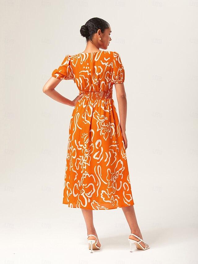 Abstract art print Linen-Like Fabric Waist-Cinching Maxi Dress