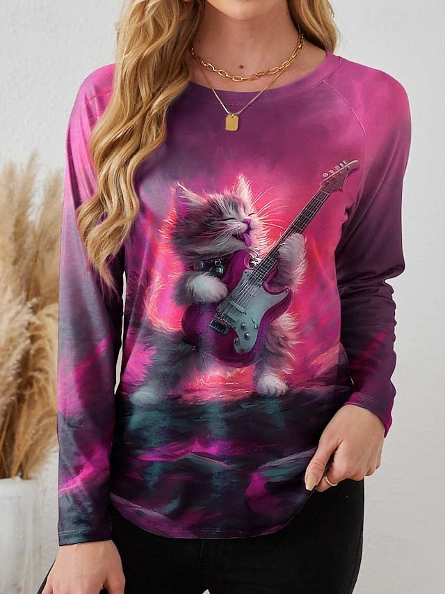 Women's T Shirt Print Heart Plaid Casual Long Sleeve Crew