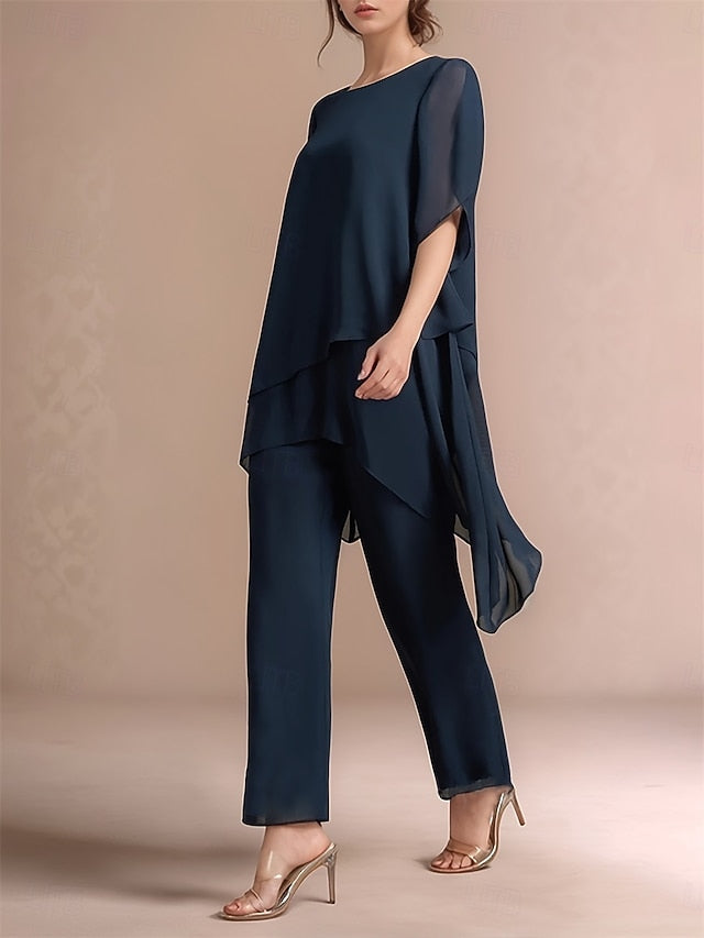 Pantsuit Asymmetrical Mother of the Bride Dress Short Sleeve