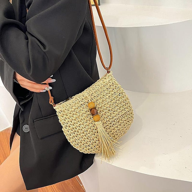 Straw Boho Handbag Women's Tassel Bag Woven – Crossbody