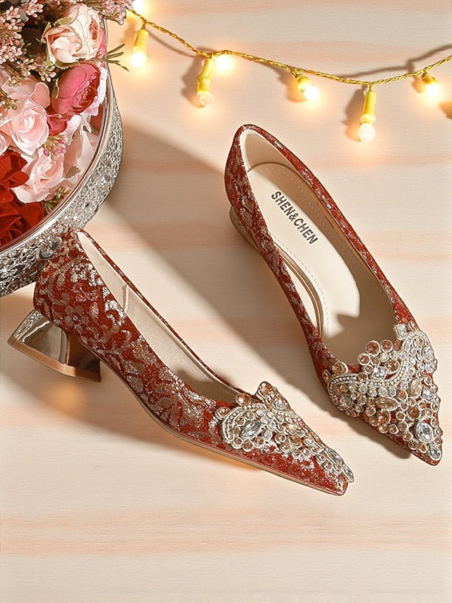 Women's Red Pointed-Toe Flats Rhinestone Embellished