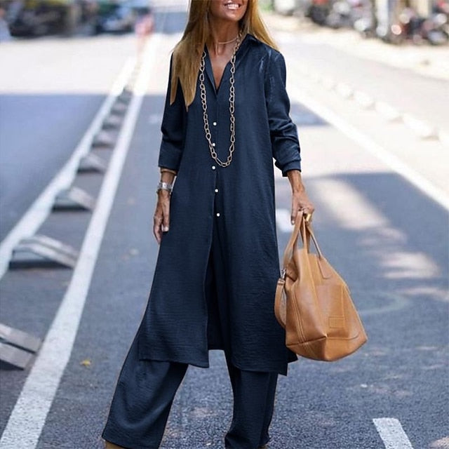 Women's Blouse Pants Sets Long Sleeve Shirt Collar Solid