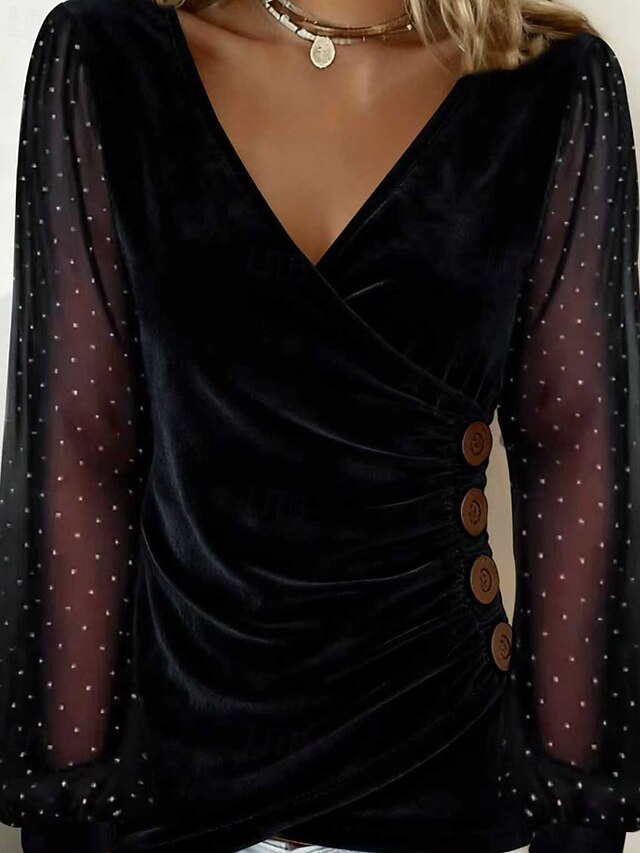 Women's Velvet Blouse Ruched Patchwork Buttons Solid Color