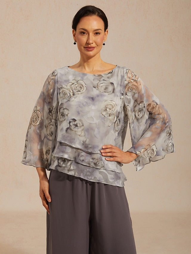 Women's Sheer Blouse Chiffon Tops Lace up Floral Elegant