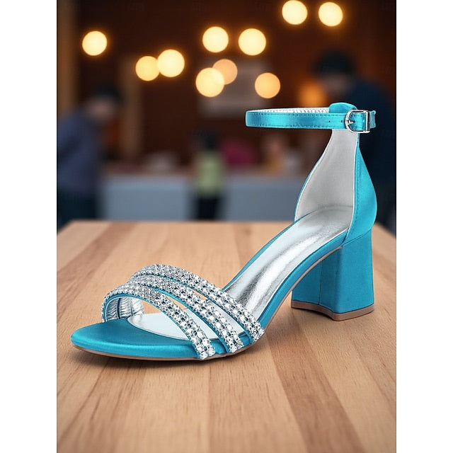 Heel Rhinestone Purple Women's Sandals with Block Satin