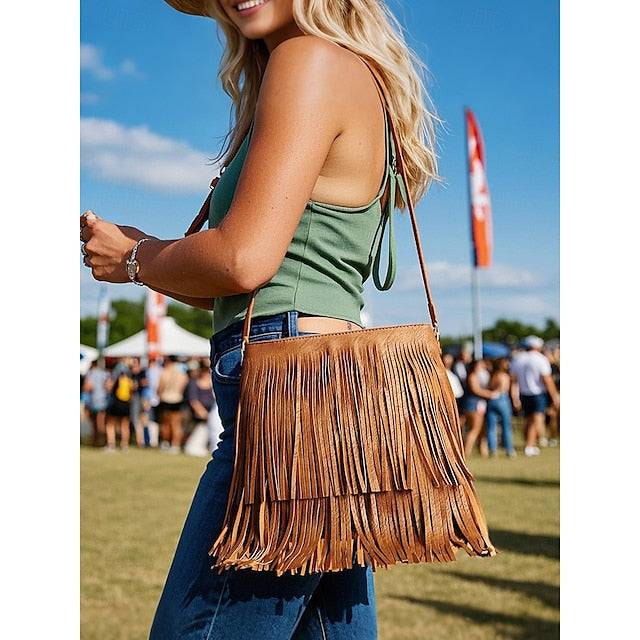 - Crossbody Bohemian Leather Bag Faux Fringe Women's