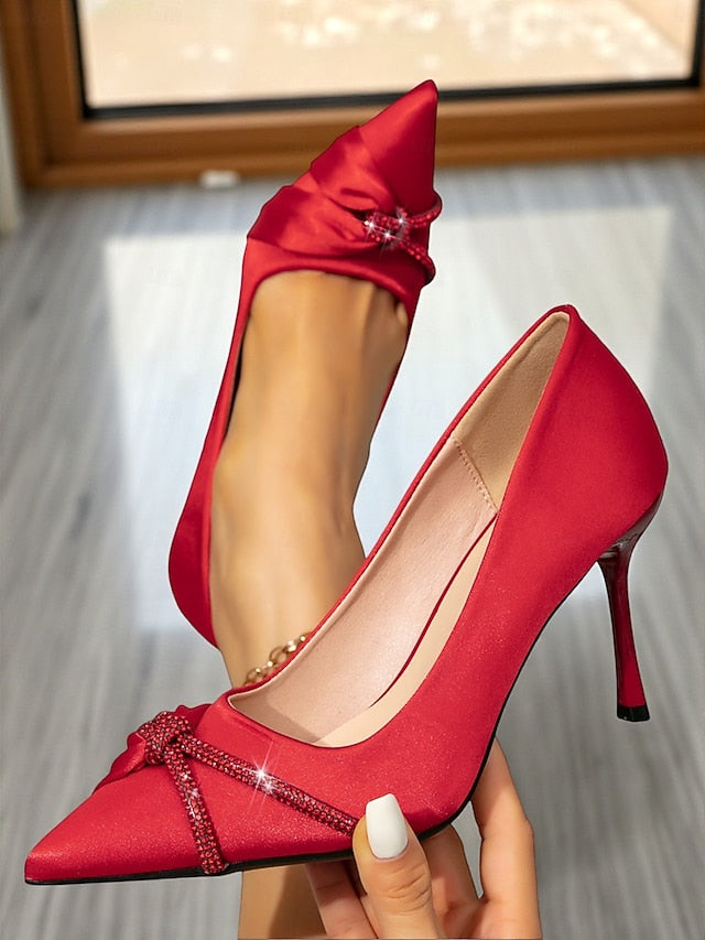 Toe Stiletto Heels Pointed Satin Red with Women's