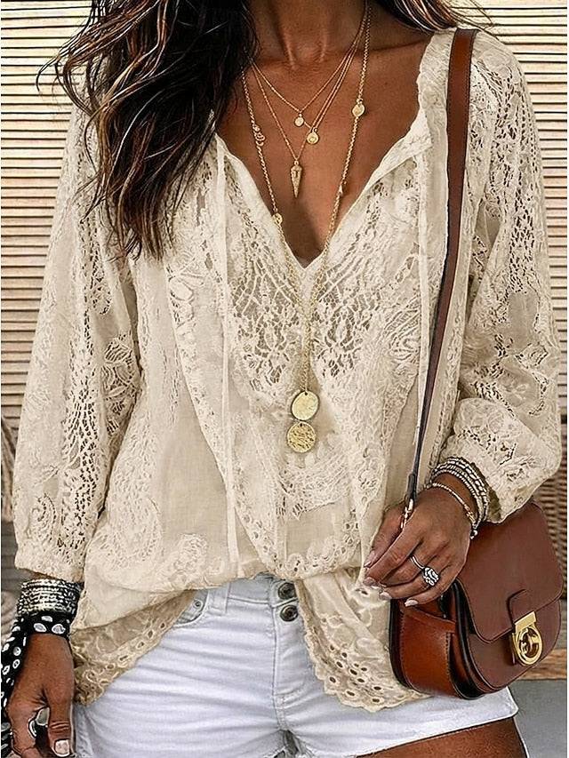 Women's Shirt Boho Shirt Blouse Lace Tops Lace Solid Color