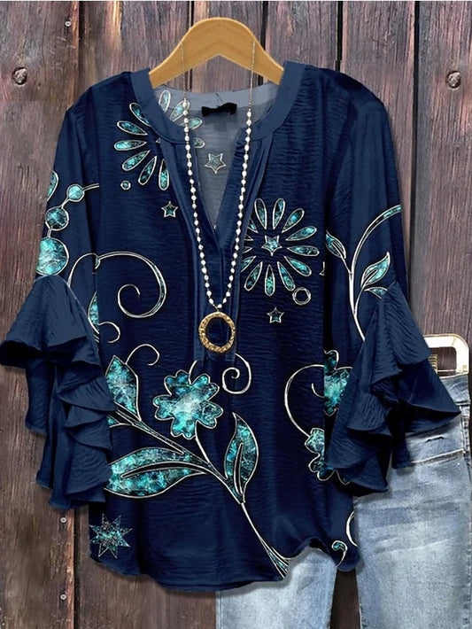 Women's Blouse V Neck Floral Graphic Elegant Bohemia Ethnic