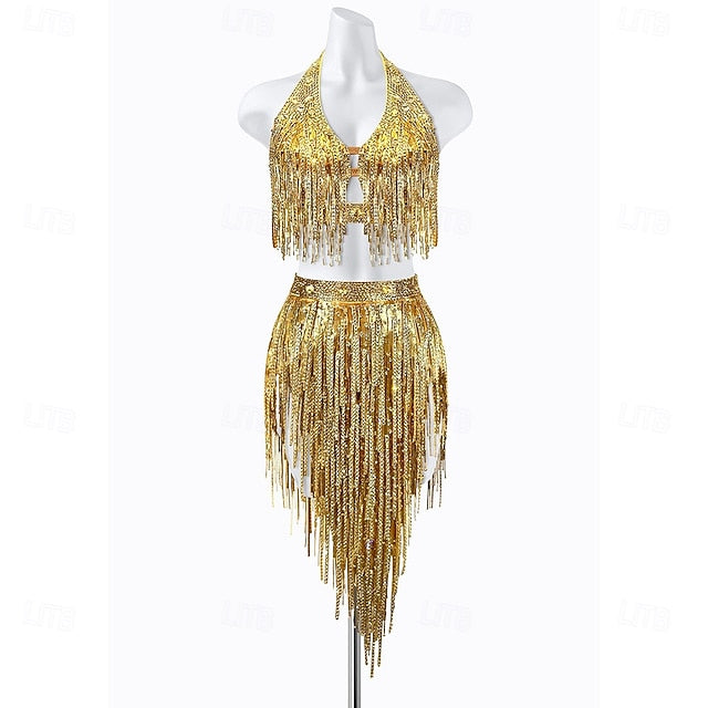 Women's Gold Sequin Fringe Latin Dance Set - Halter Crop