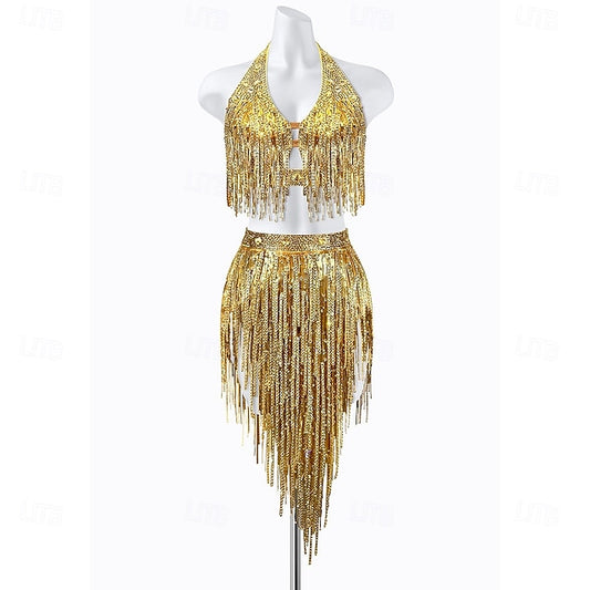 Women's Gold Sequin Fringe Latin Dance Set - Halter Crop