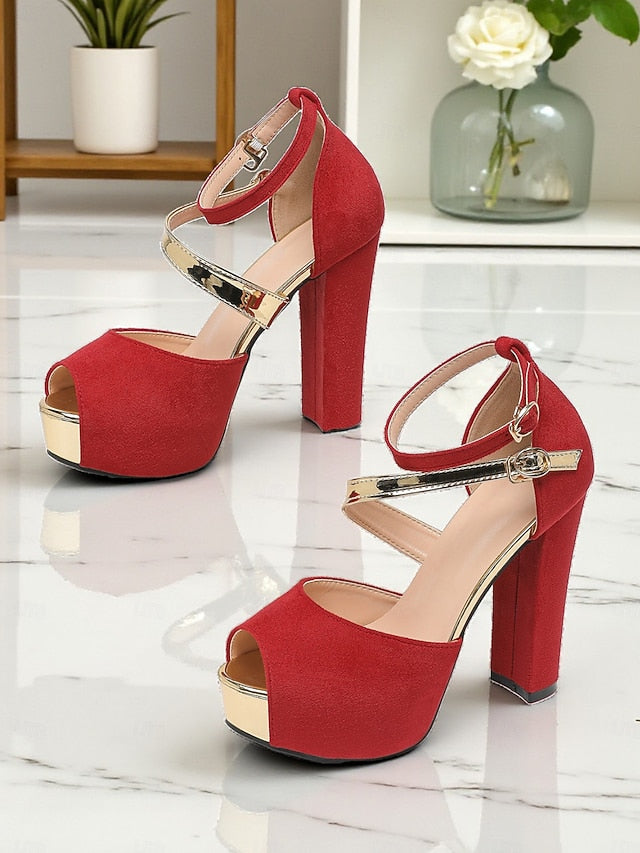 Platform Red Suede - Block Toe Heel Sandals Women's Peep
