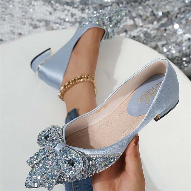 with Rhinestone - Flats Women's Elegant Bow Glitter Detail
