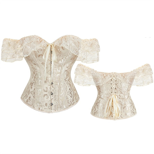 Women Floral Lace Off Shoulder Overbust Corset Bustier Boned
