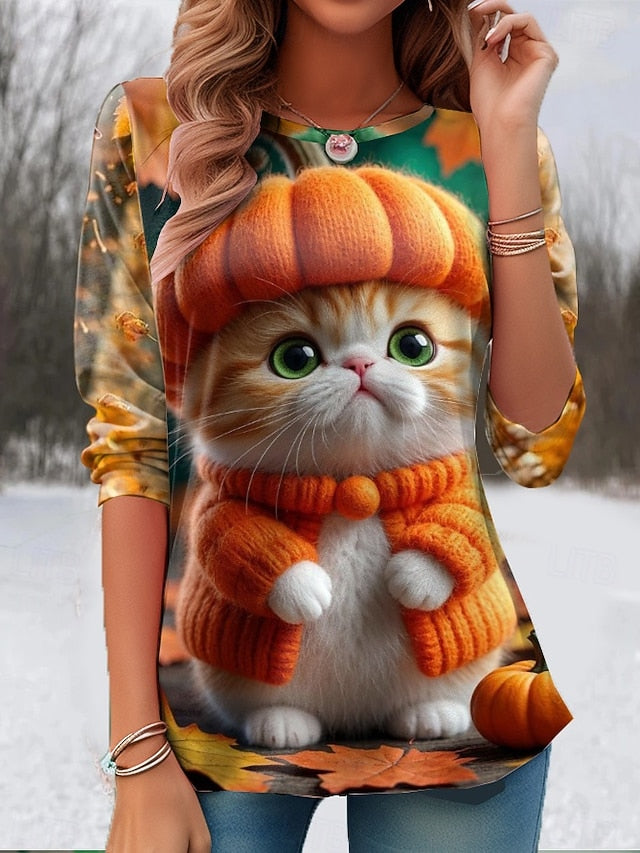 Women's T Shirt Graphic Animal Cat Vintage Cute Stylish