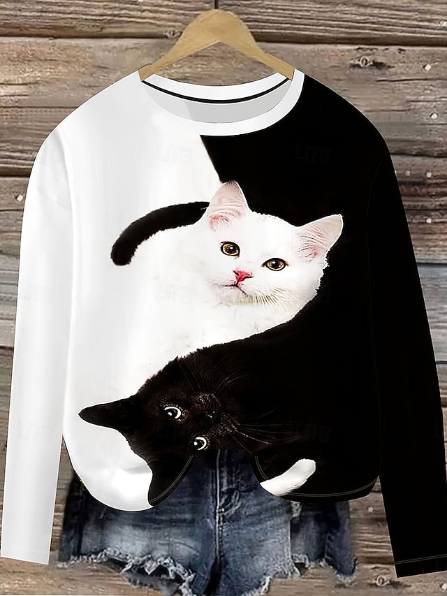 Women's T shirt Long Sleeve Graphic Animal Cat Vintage