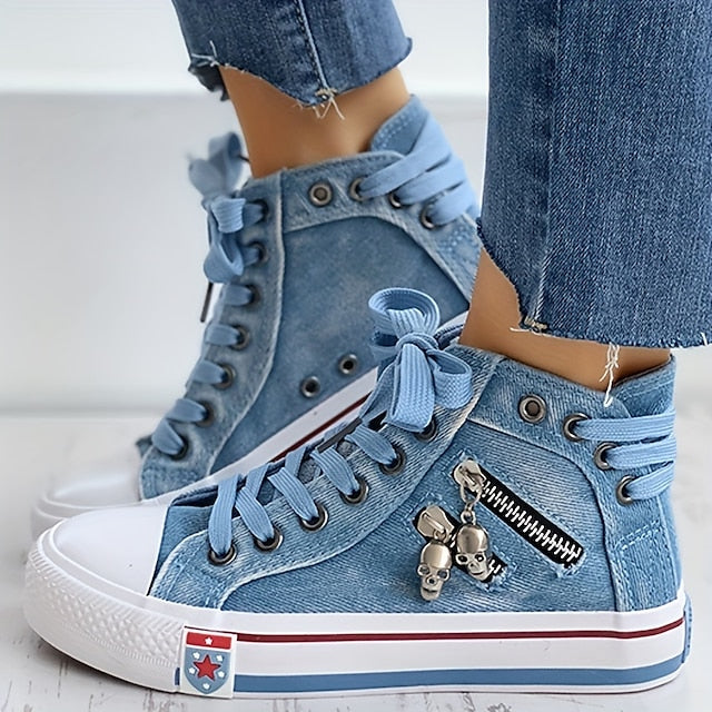 Women's Blue Denim High-Top Sneakers with Skull Charms and