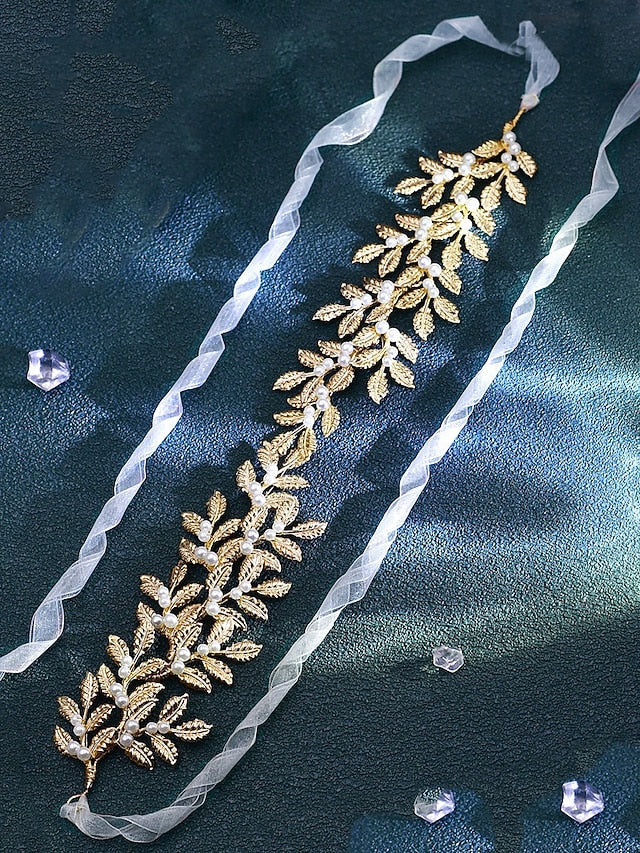 – Gold Elegant Bridal Accents Belt Pearl with Leaf
