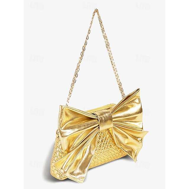 Women's Bag Leather Clutch with Gold Bow Oversized Faux