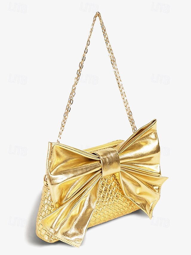 Oversized with Clutch Bow Faux Leather Gold Bag Women's