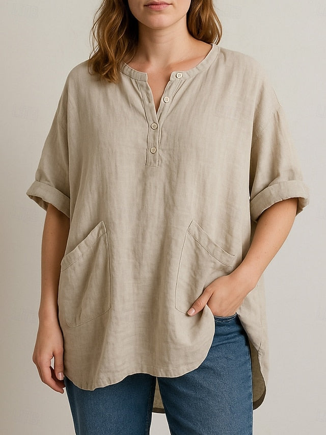 Women's Cotton Linen Shirts Pocket Buttons Print Plain