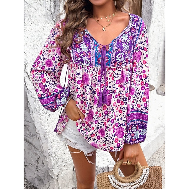 Women's Shirt Blouse Lace up Print Floral Bohemia Ethnic
