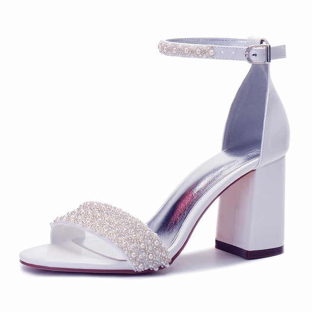 White Embellished Pearl Ankle Strap Block Ivory Women's