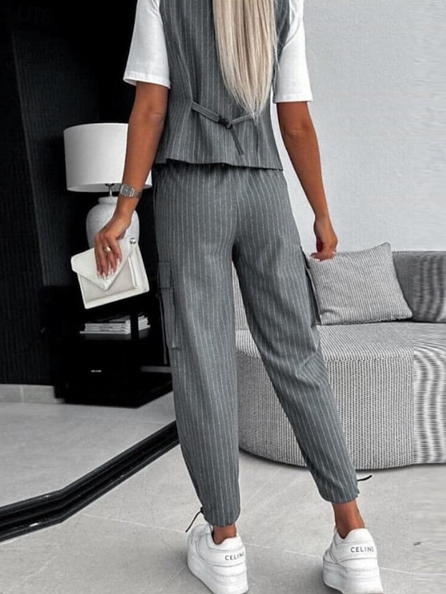 Women's Pants Sets Sleeveless V Neck Striped Print Fashion