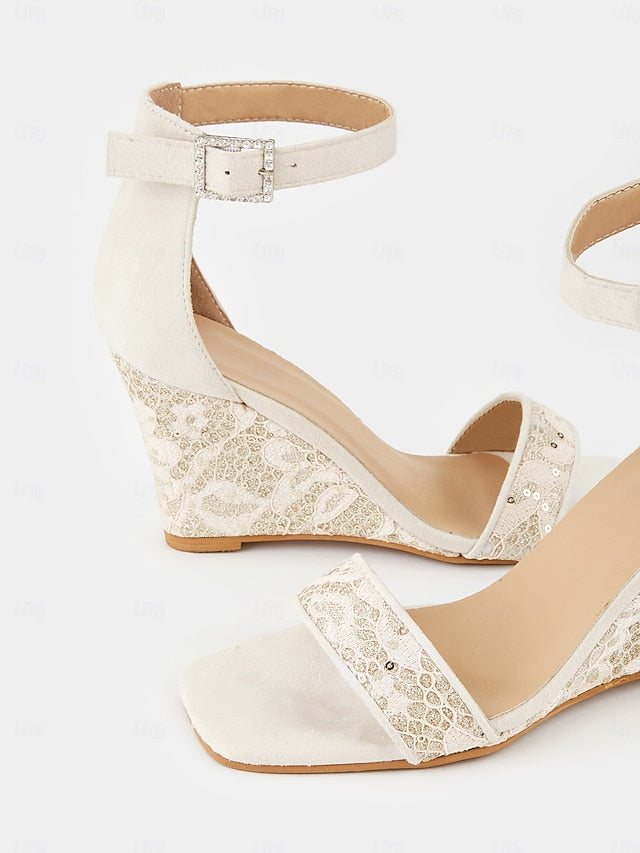 Women Heel – Strap Stylish Lace Ankle White Wedge for Sandals