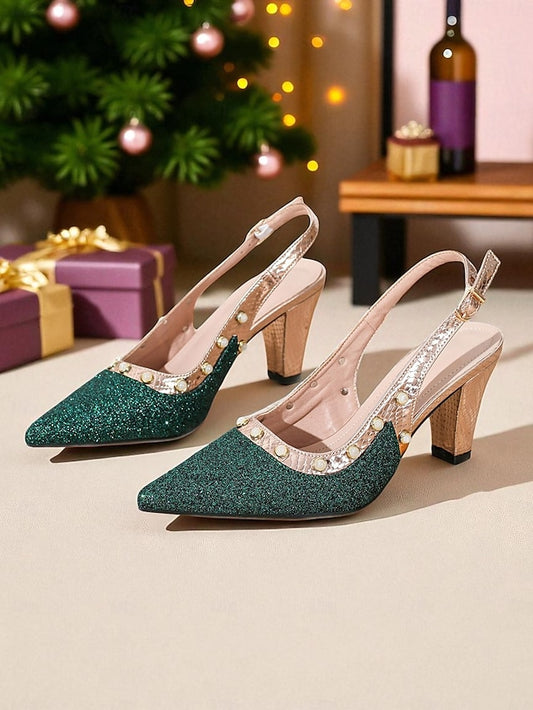Gold Glitter Women's Heels with Green Slingback High Strap