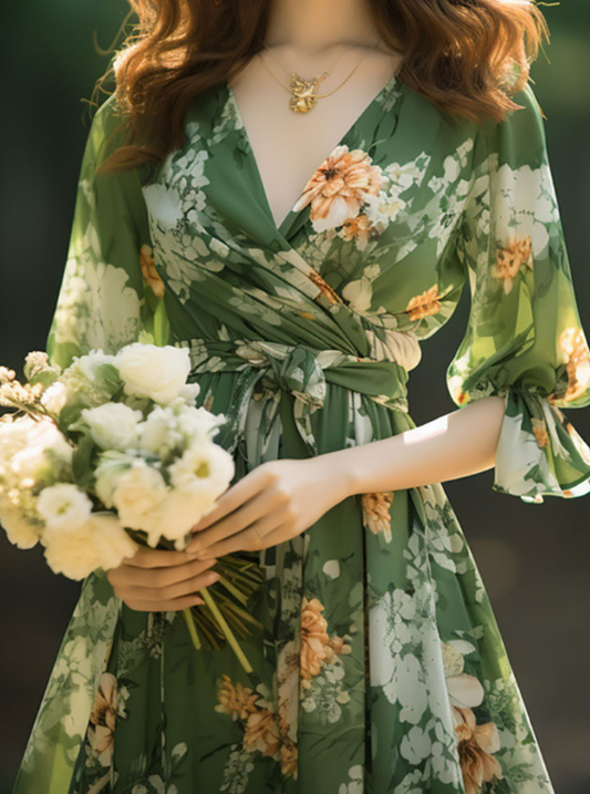 French Green V Neck Print High Waist Chiffon Dresses Long Sleeve KJ024